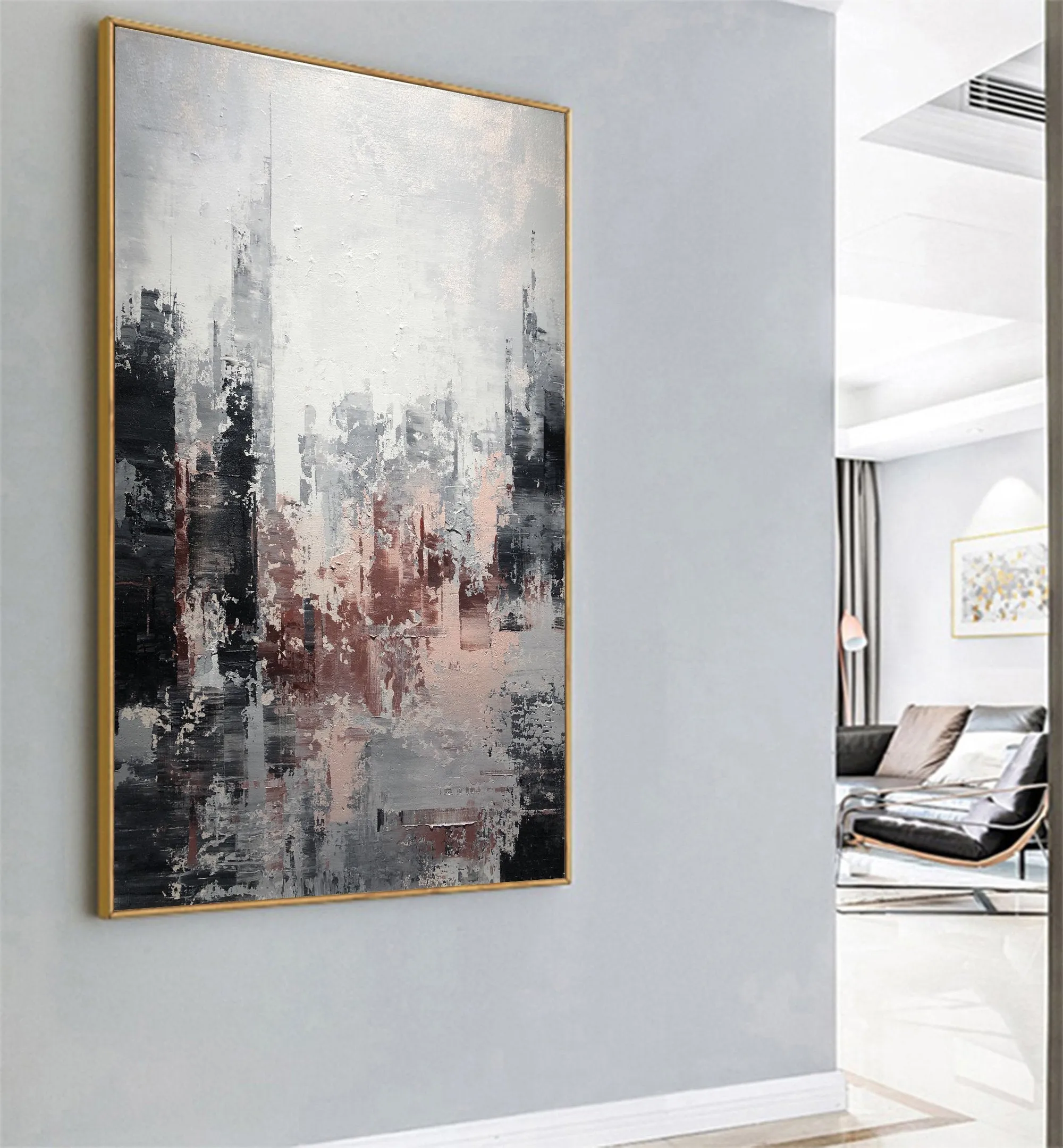 Large Gray Painting Abstract City Painting Black and White Painting Op069