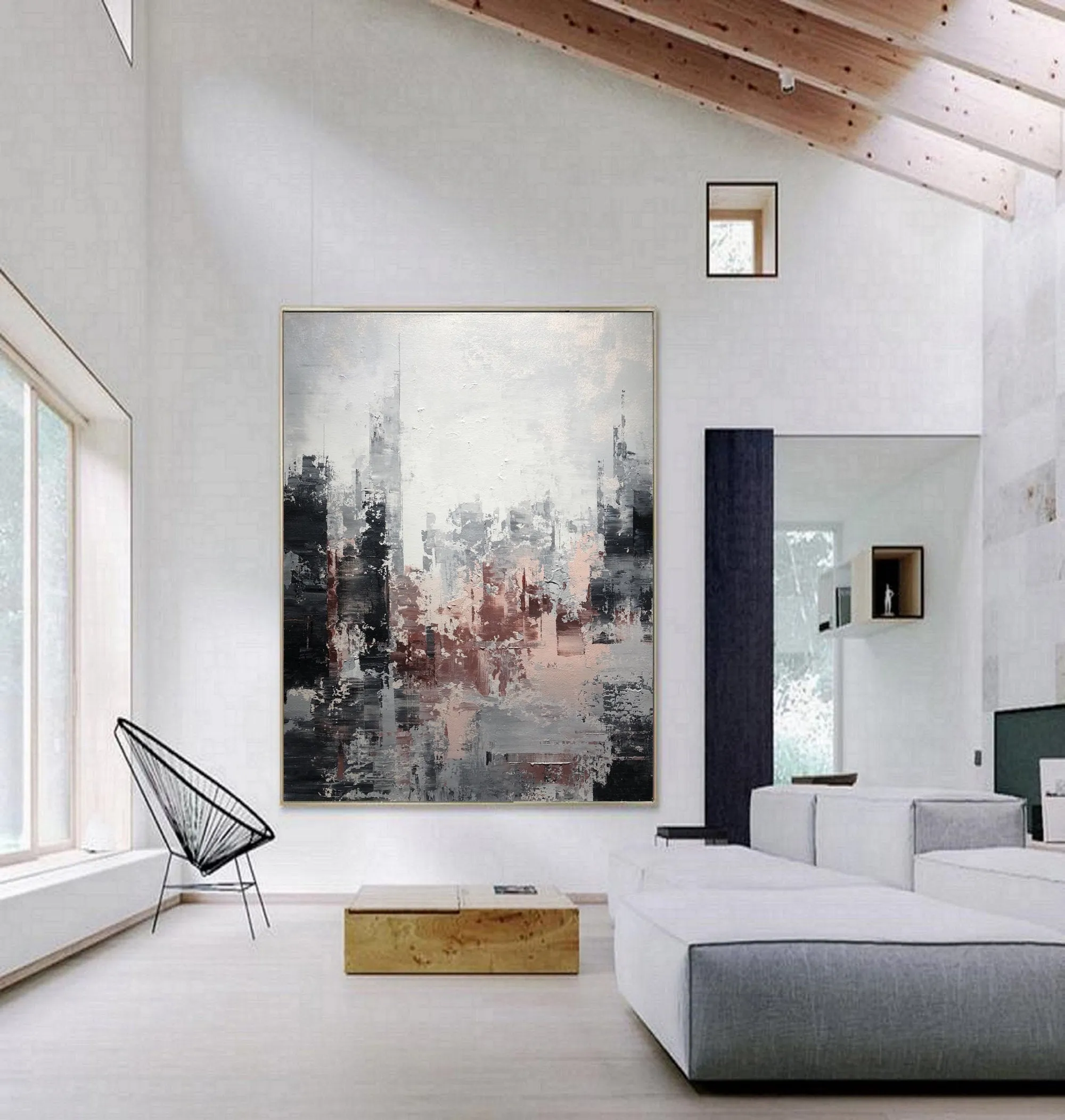 Large Gray Painting Abstract City Painting Black and White Painting Op069
