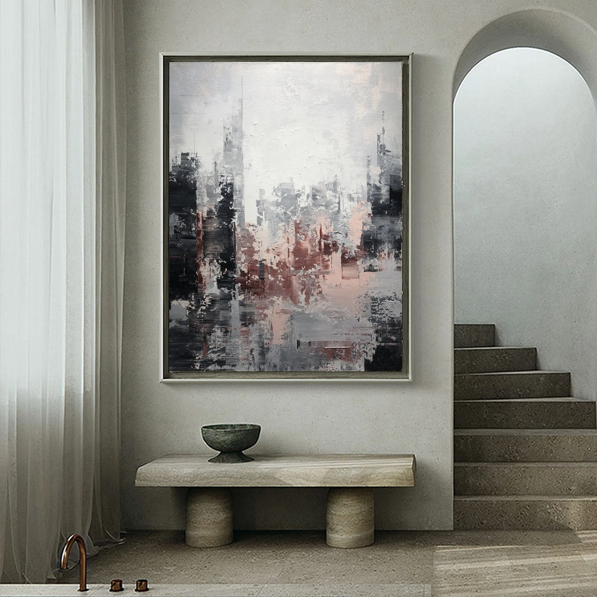 Large Gray Painting Abstract City Painting Black and White Painting Op069