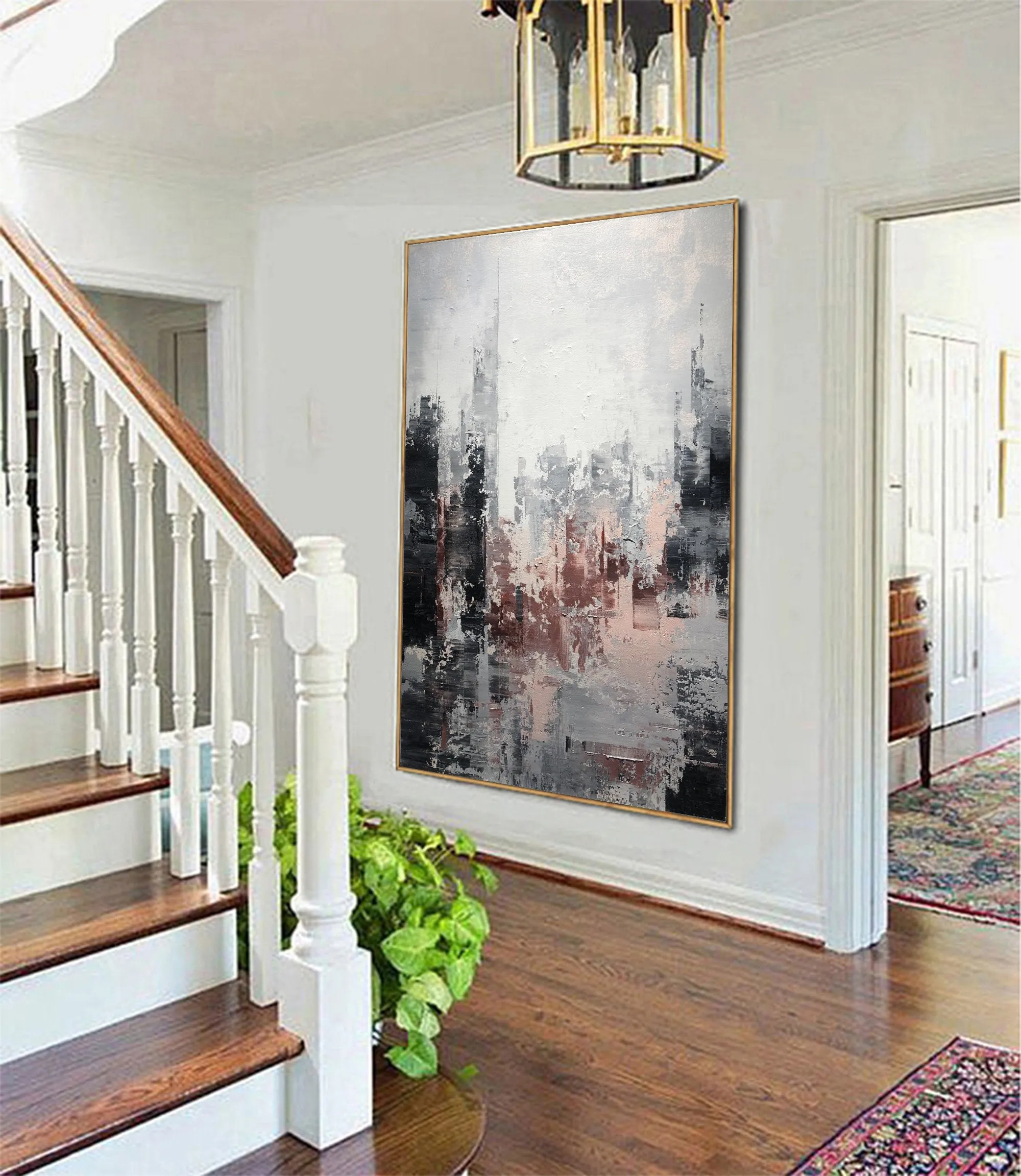 Large Gray Painting Abstract City Painting Black and White Painting Op069