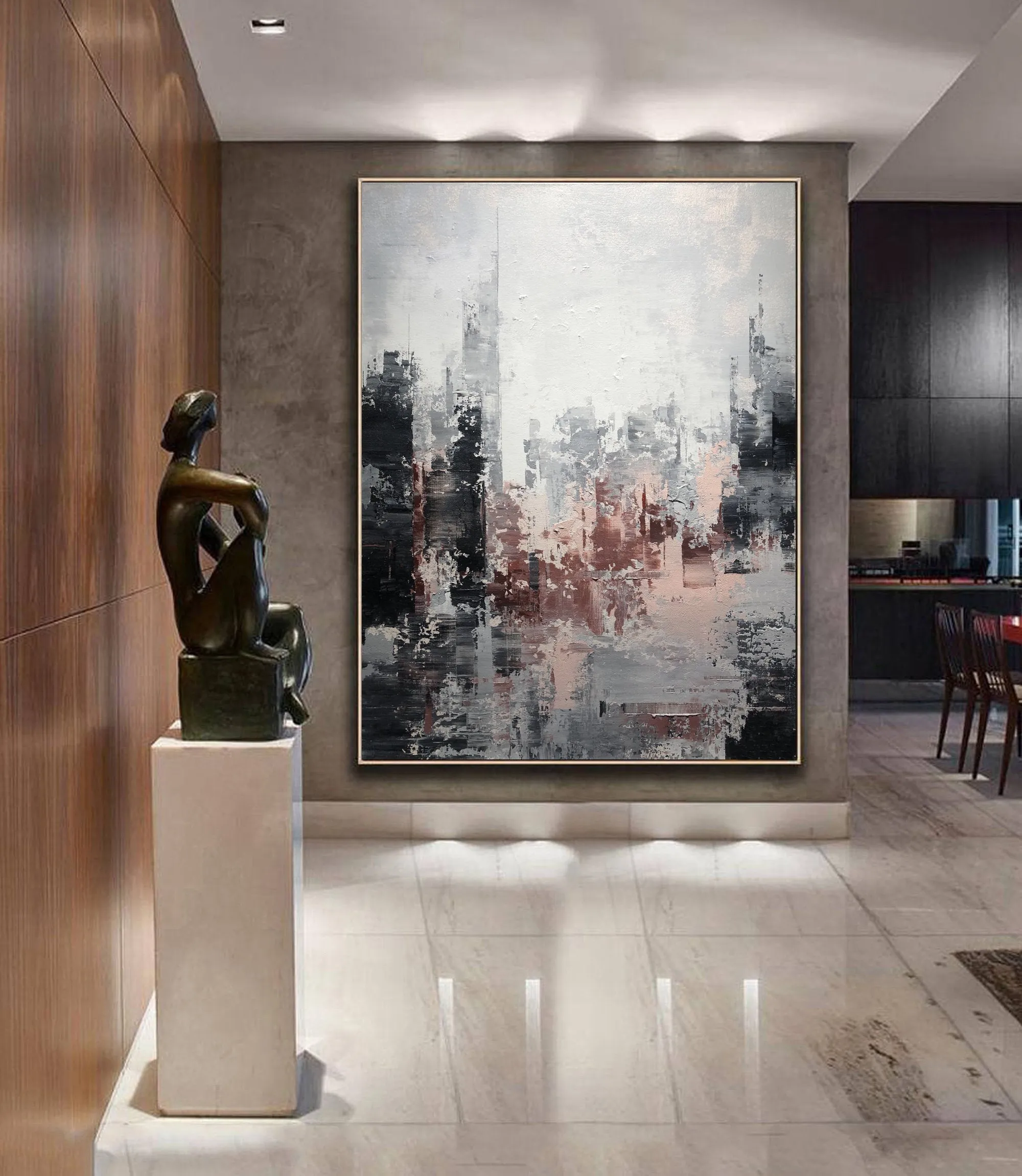 Large Gray Painting Abstract City Painting Black and White Painting Op069