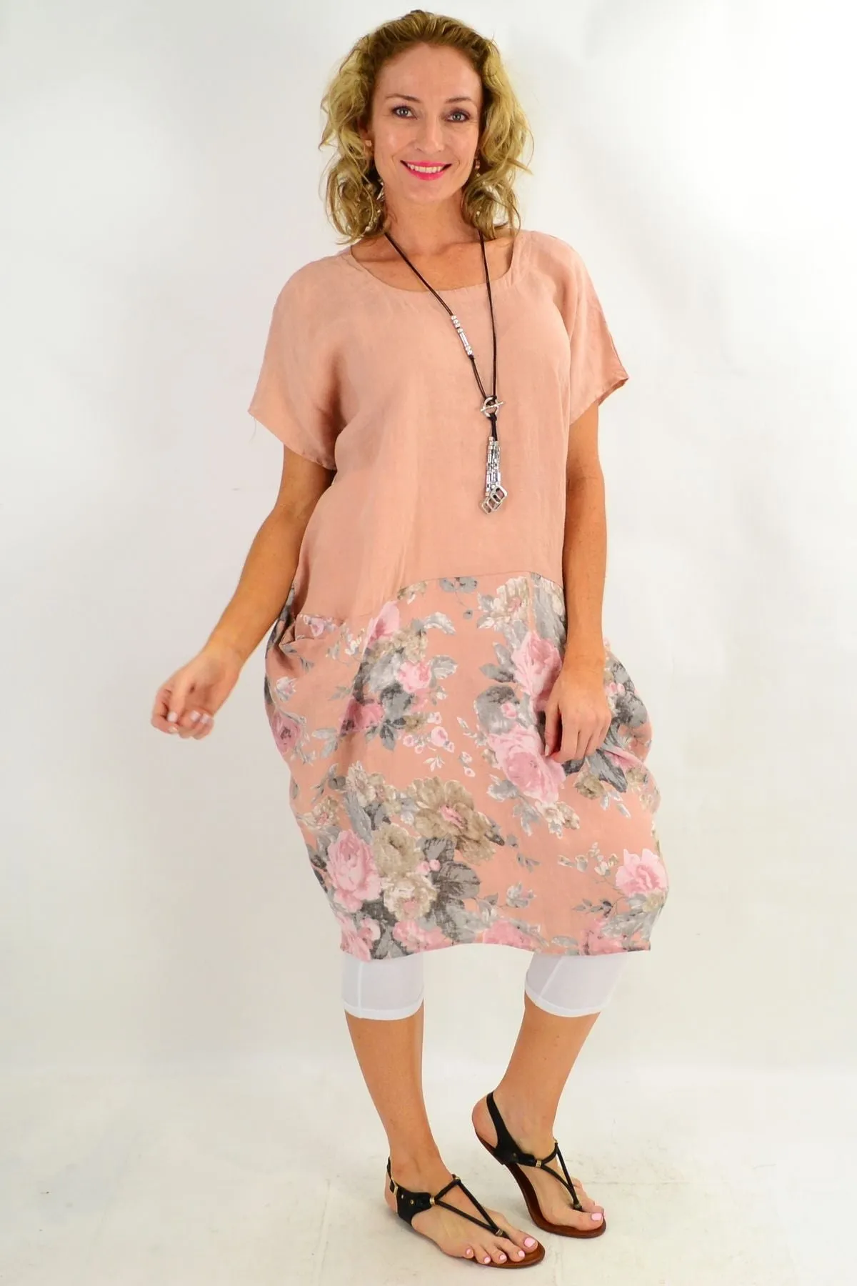 Light Salmon Bouquet Short Sleeve Linen Dress