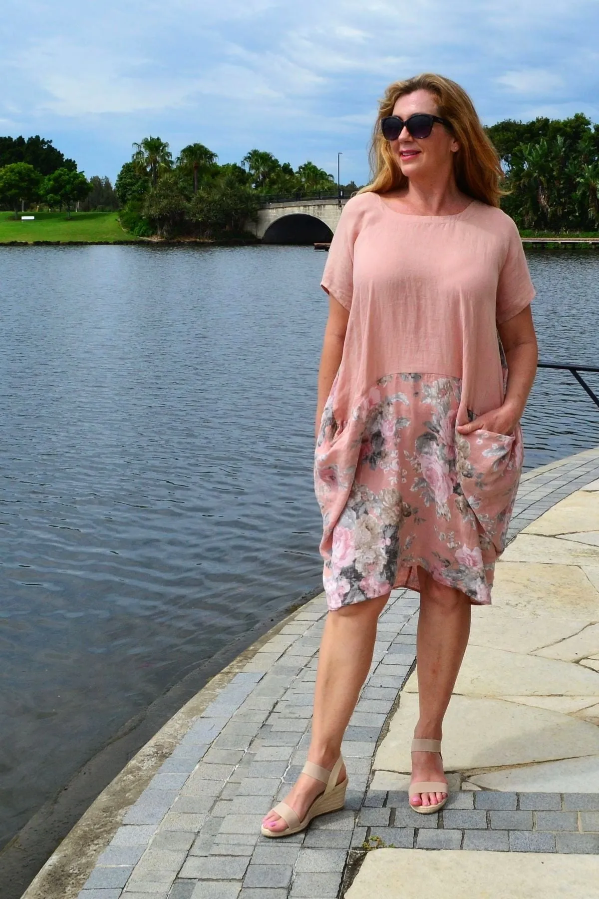 Light Salmon Bouquet Short Sleeve Linen Dress