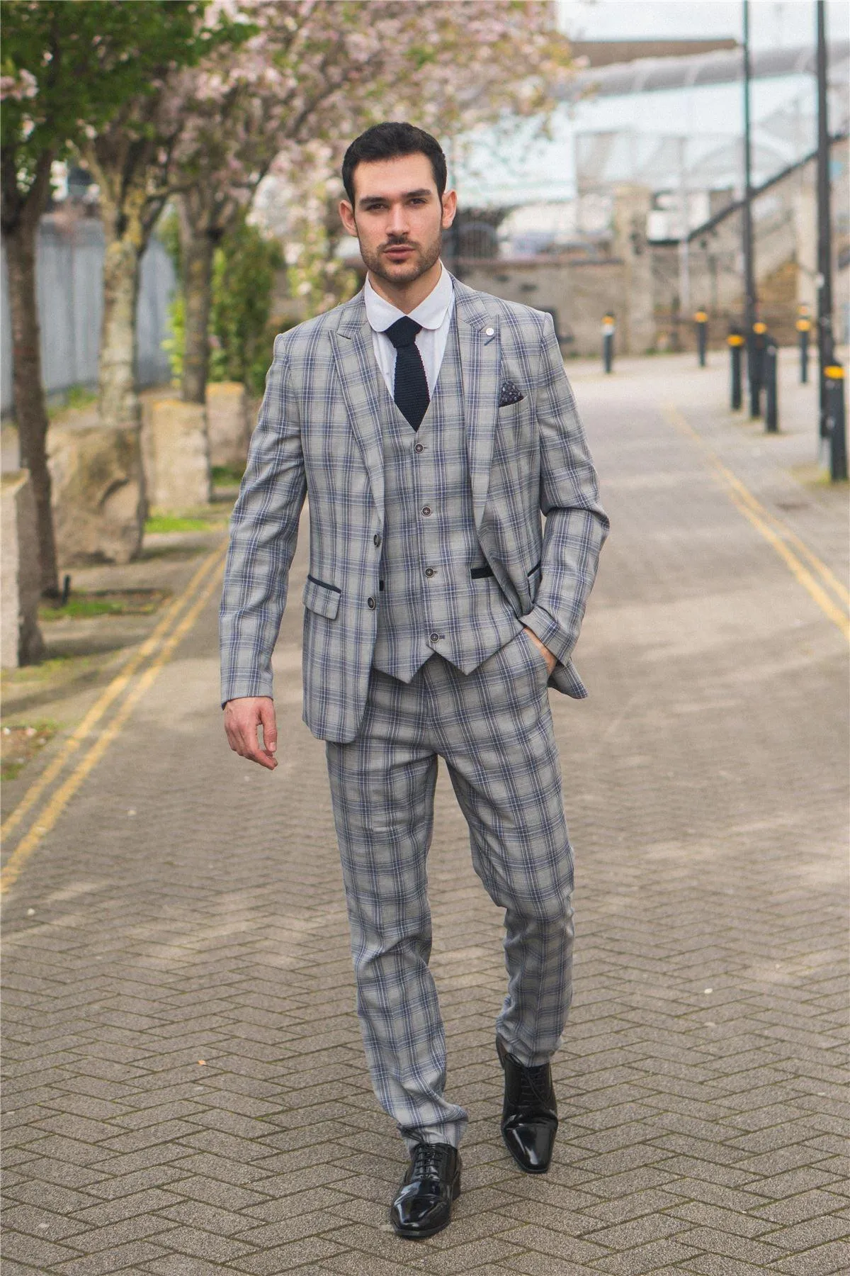 Men's Suit 3 Piece Grey Blue Checked Classic Plaid Tailored Fit Formal Dress