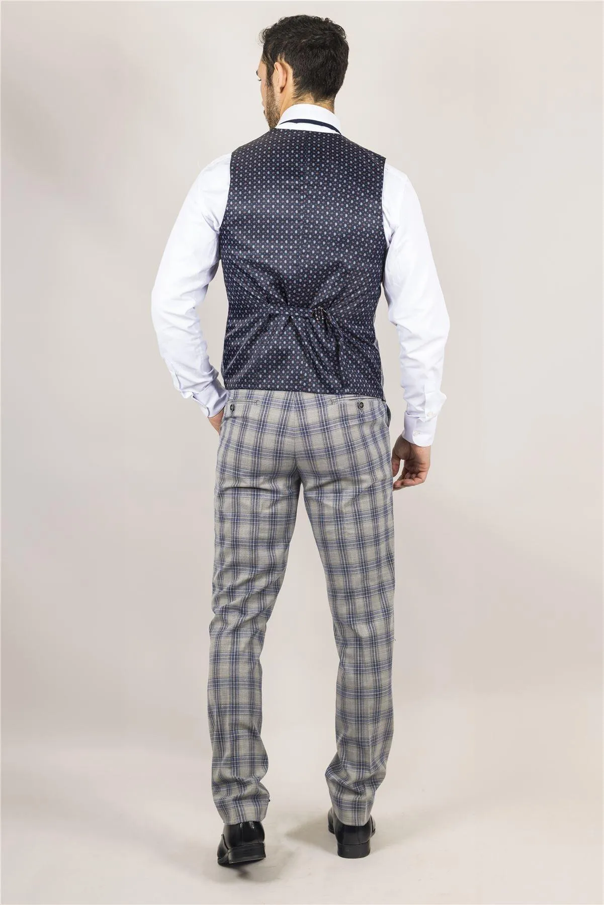 Men's Suit 3 Piece Grey Blue Checked Classic Plaid Tailored Fit Formal Dress