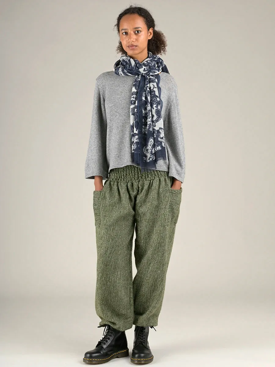 Moss Green Textured Wool Harem Pants - High Crotch