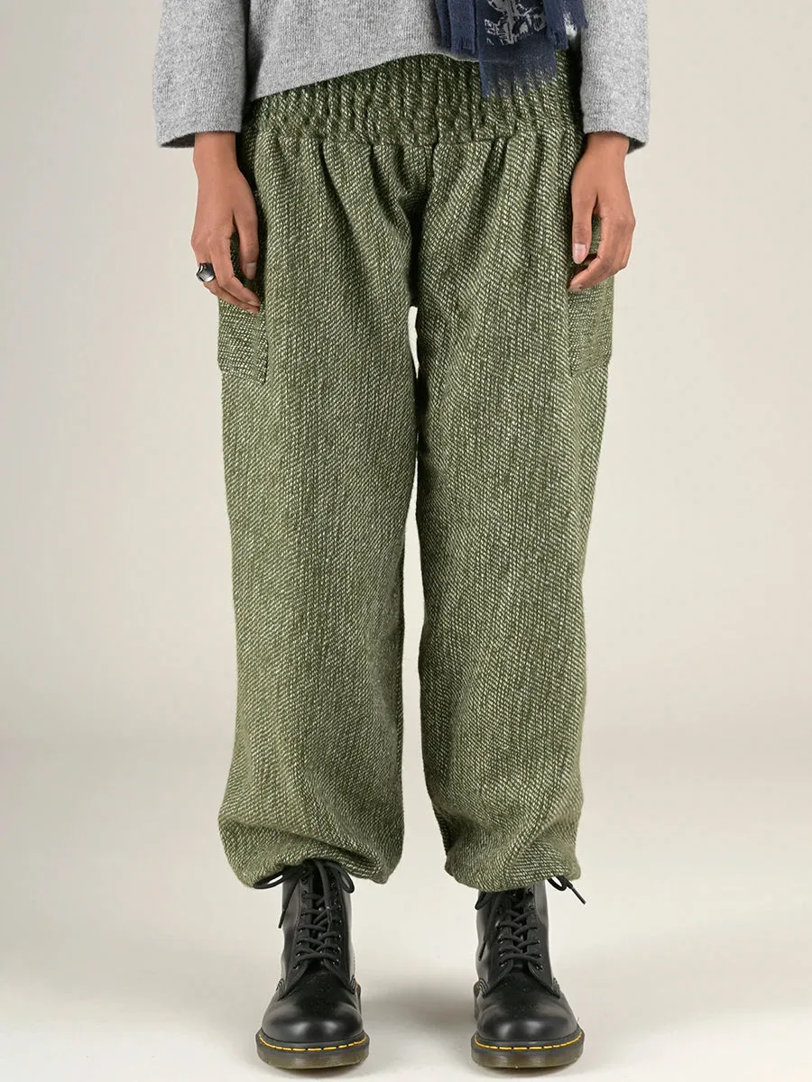 Moss Green Textured Wool Harem Pants - High Crotch