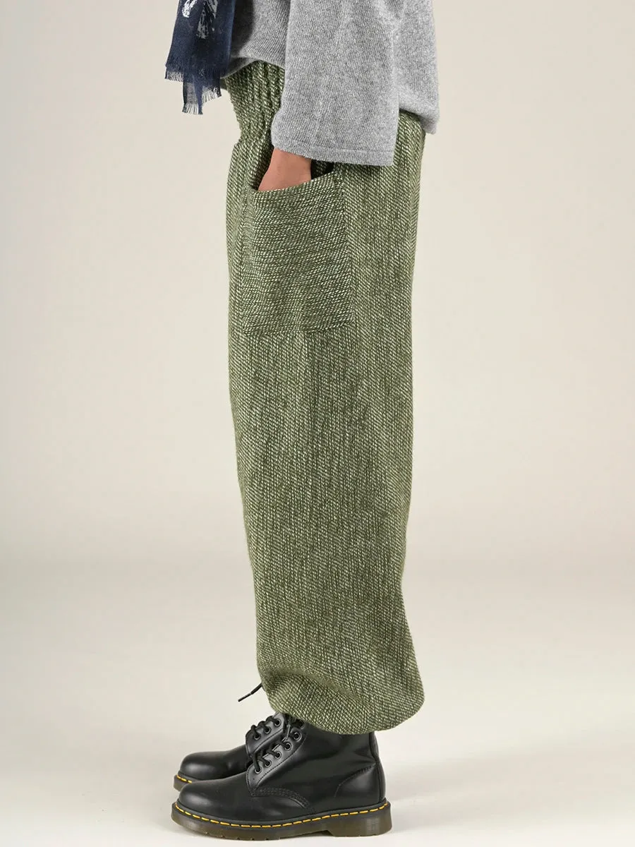Moss Green Textured Wool Harem Pants - High Crotch
