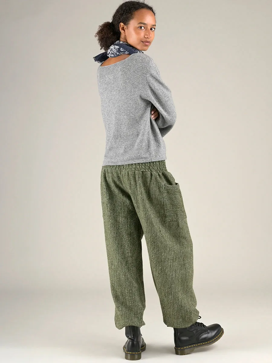 Moss Green Textured Wool Harem Pants - High Crotch