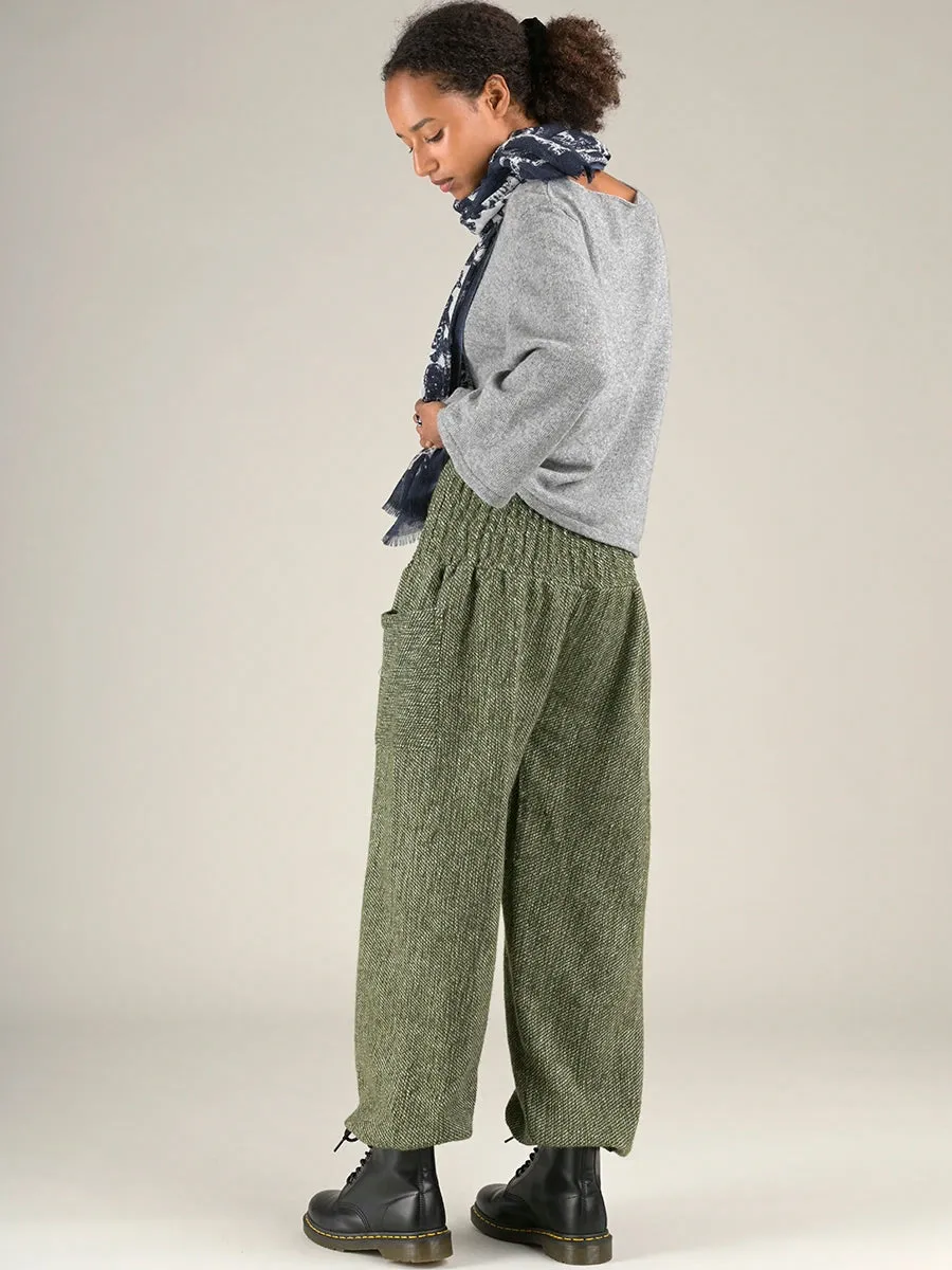 Moss Green Textured Wool Harem Pants - High Crotch