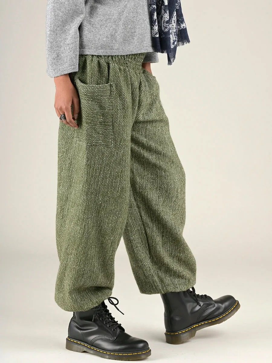 Moss Green Textured Wool Harem Pants - High Crotch
