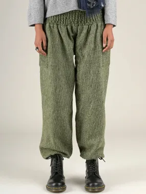 Moss Green Textured Wool Harem Pants - High Crotch