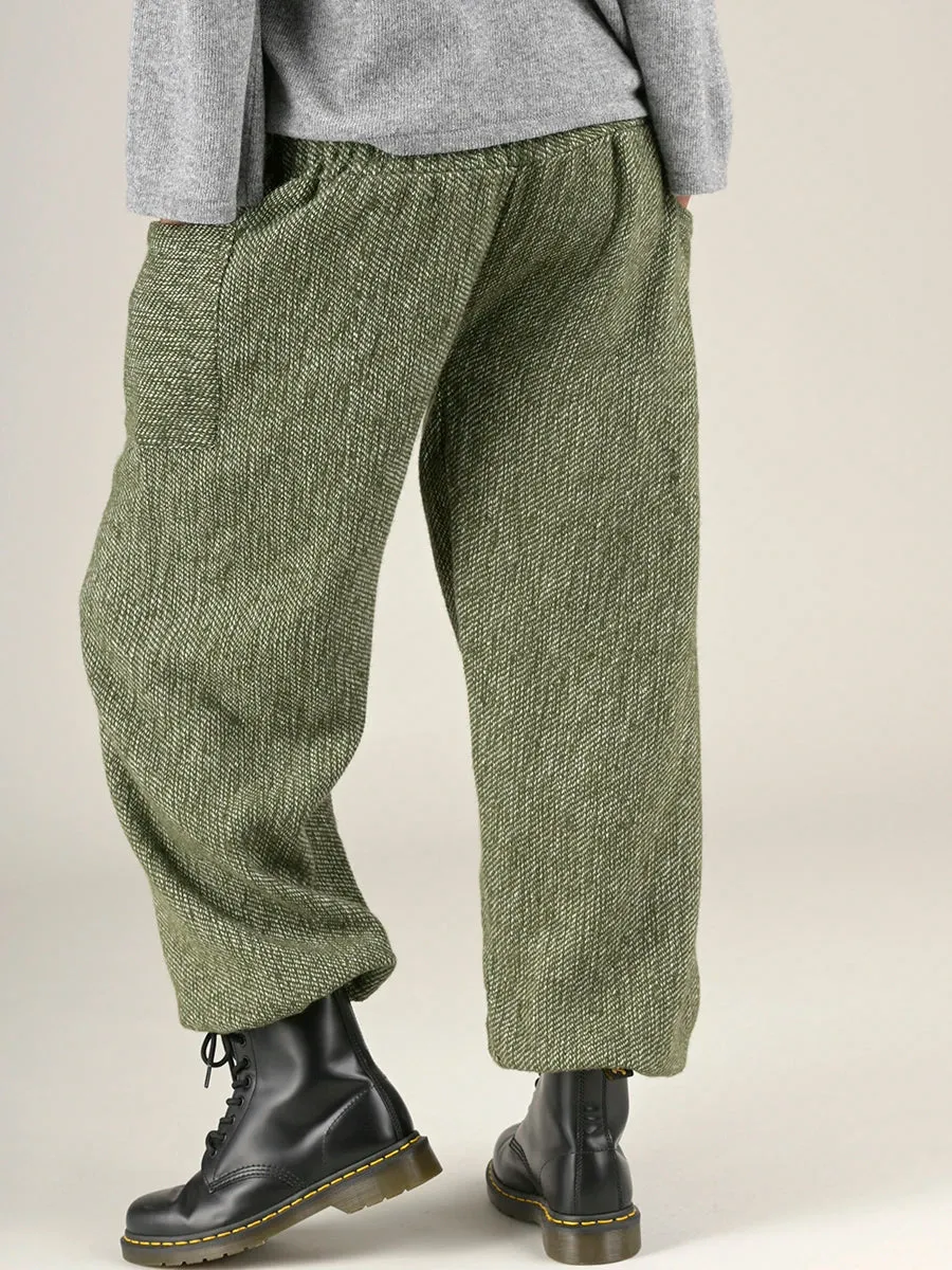 Moss Green Textured Wool Harem Pants - High Crotch
