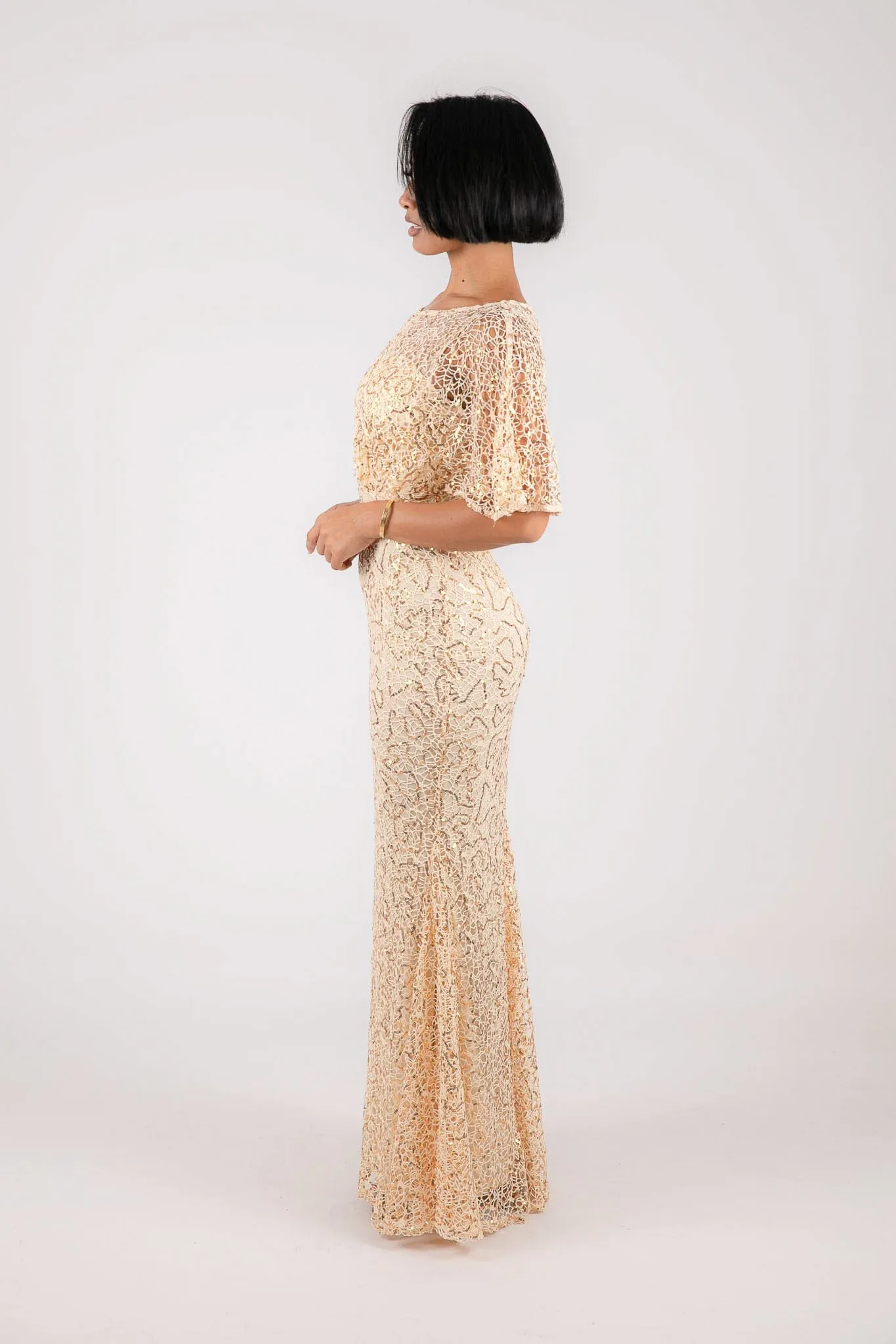 Opal Butterfly-Sleeve Sequin Maxi Dress - Beige