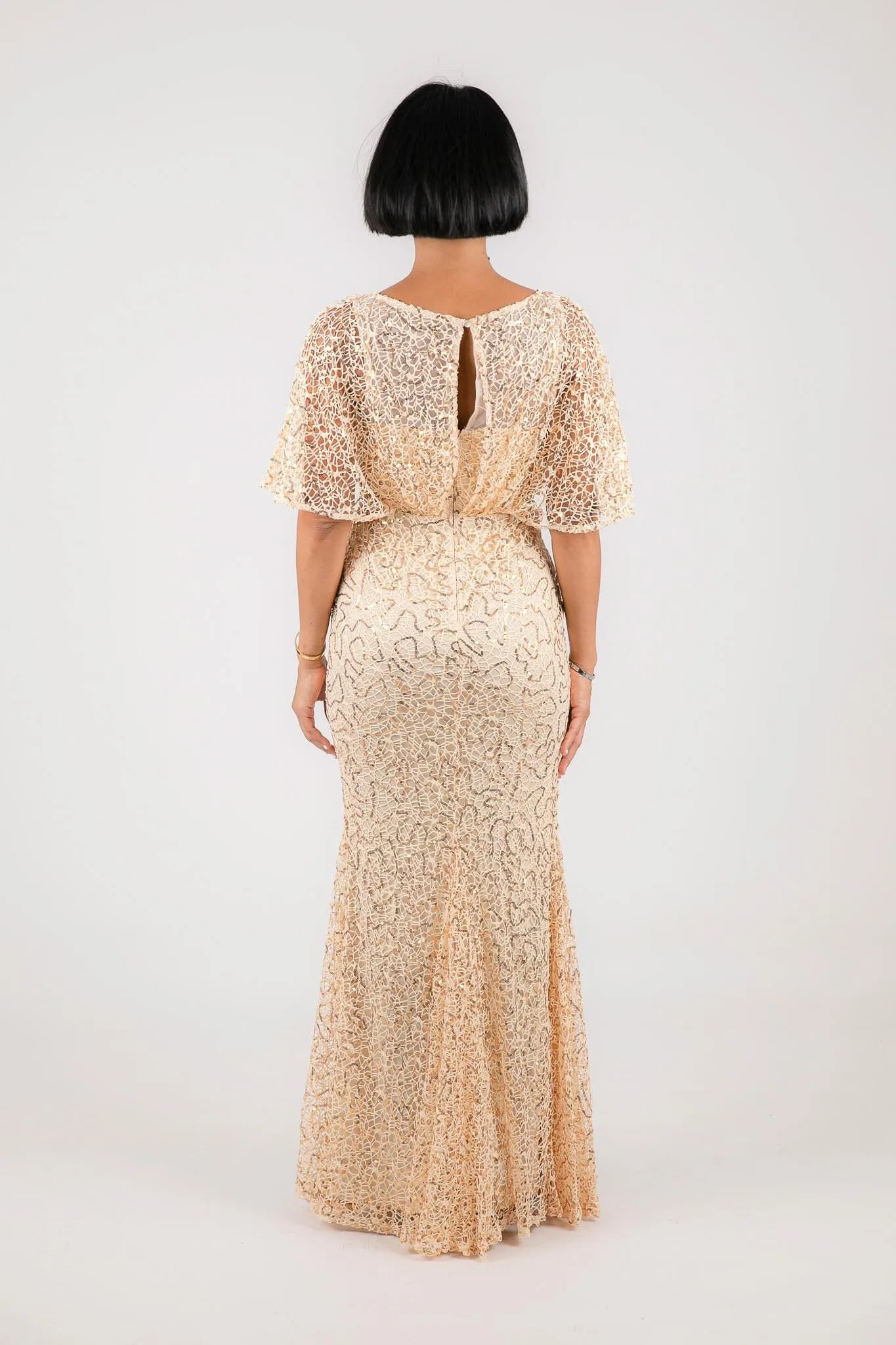 Opal Butterfly-Sleeve Sequin Maxi Dress - Beige