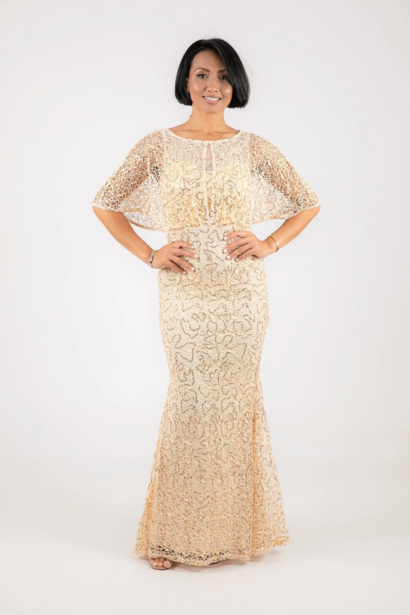 Opal Butterfly-Sleeve Sequin Maxi Dress - Beige