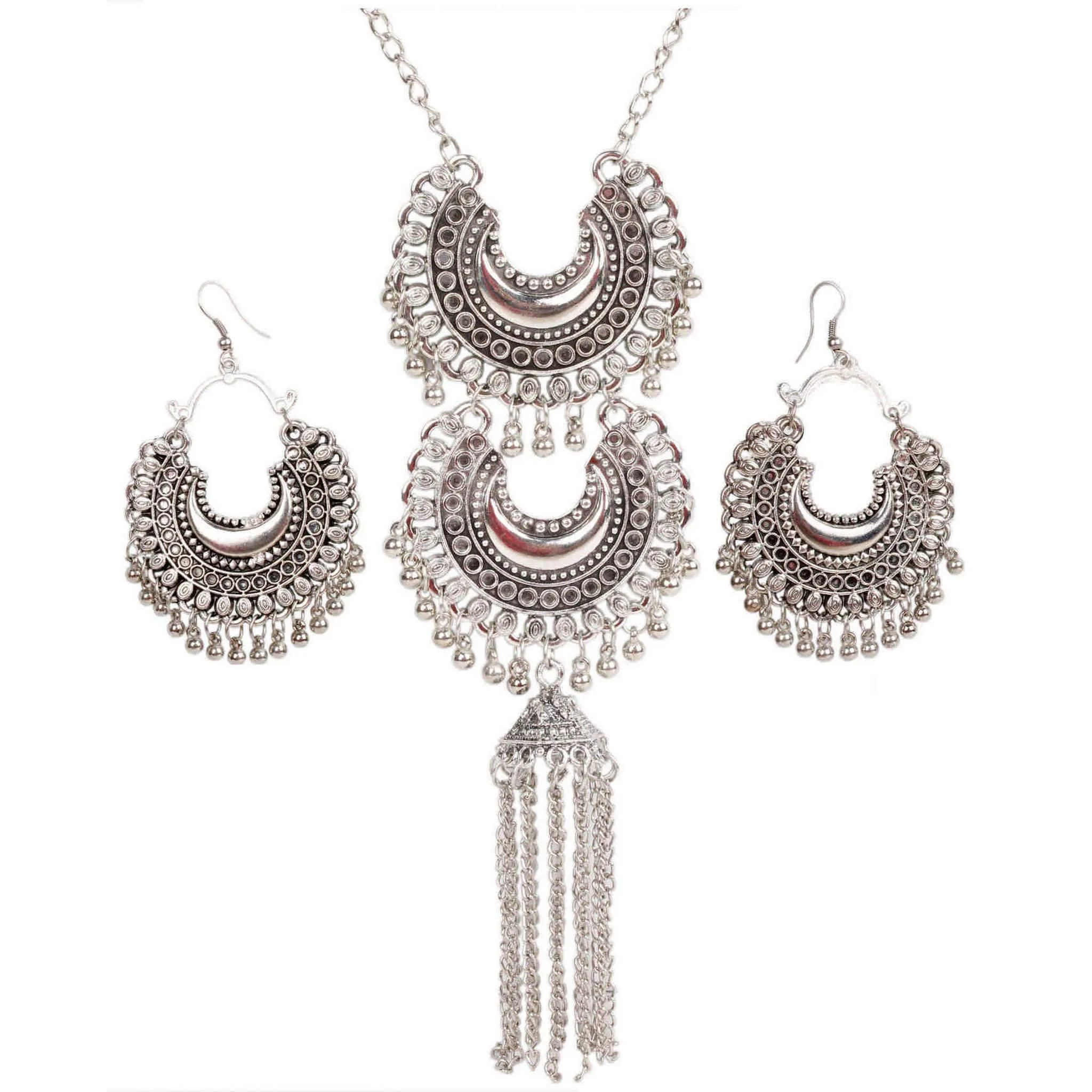 Retro style Afgani design Metal Pendant Imitation Fashion Oxidised Necklace Set with Tassels for Girls and Ladies