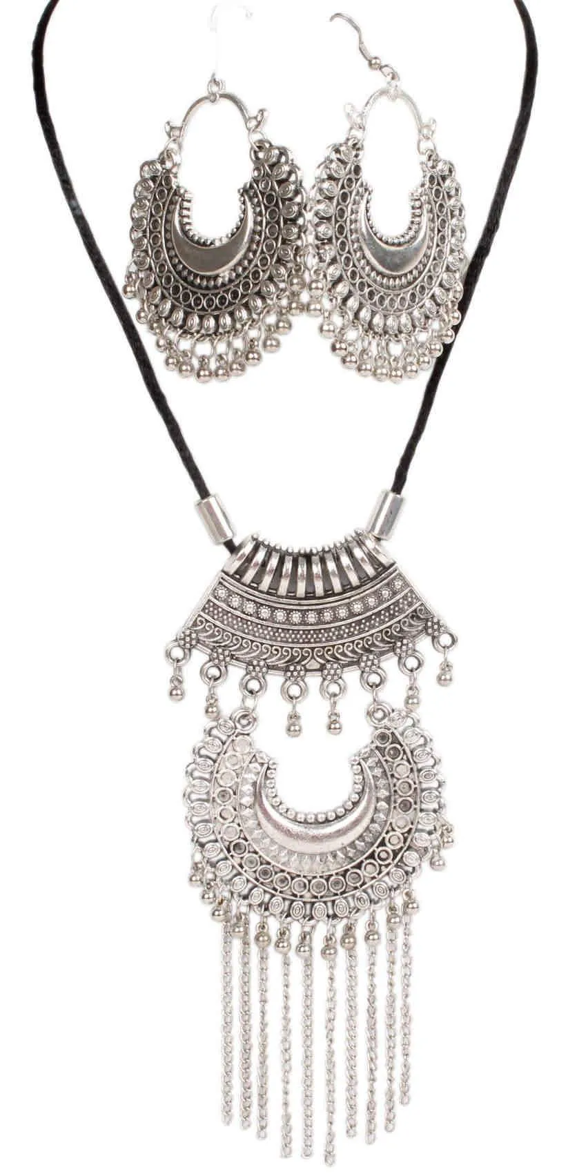 Retro style Afgani design Metal Pendant Imitation Fashion Oxidised Necklace Set with Tassels for Girls and Ladies