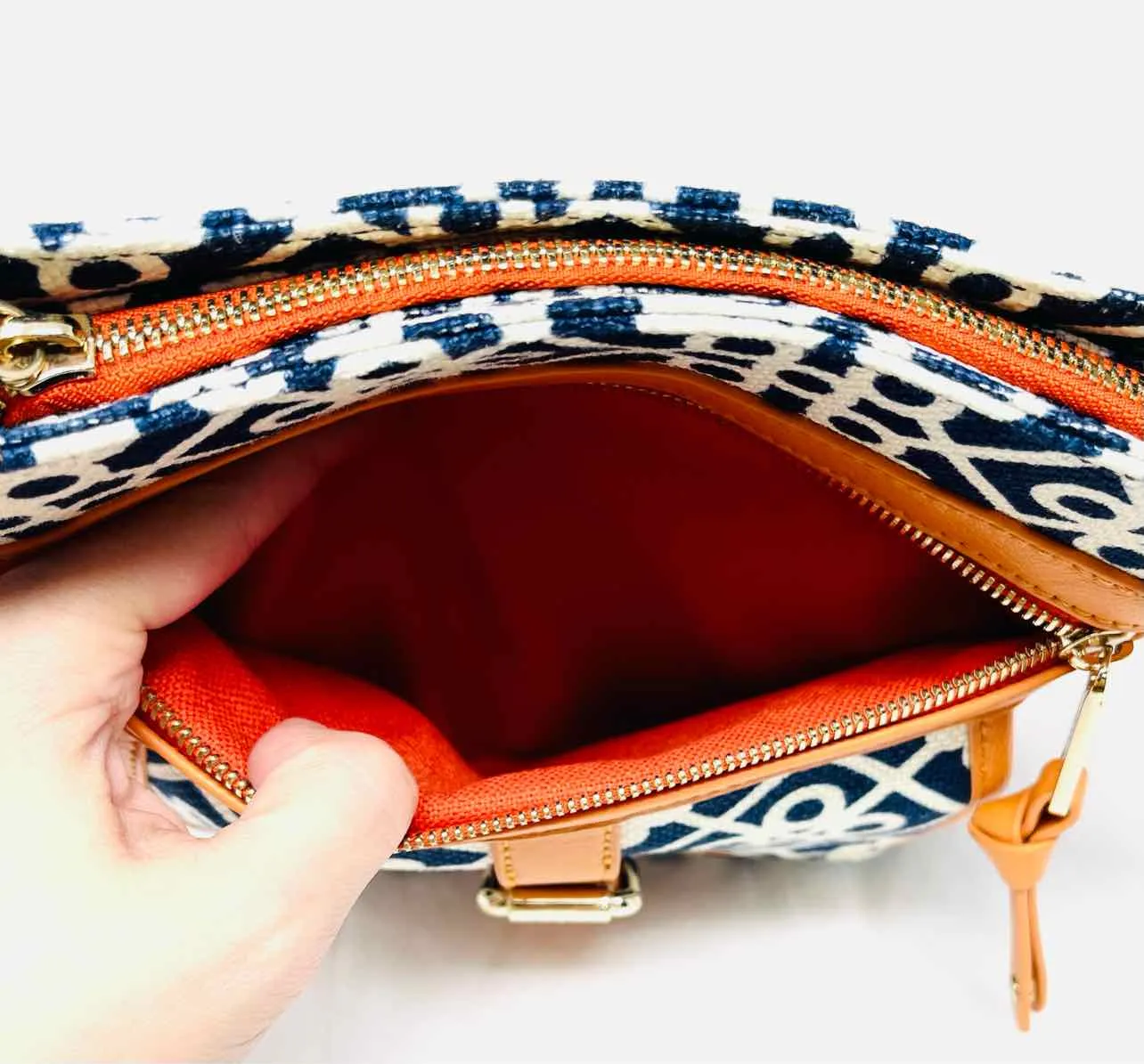 Spartina 449 Orange/Navy Print Buckles Designer Crossbody Purse