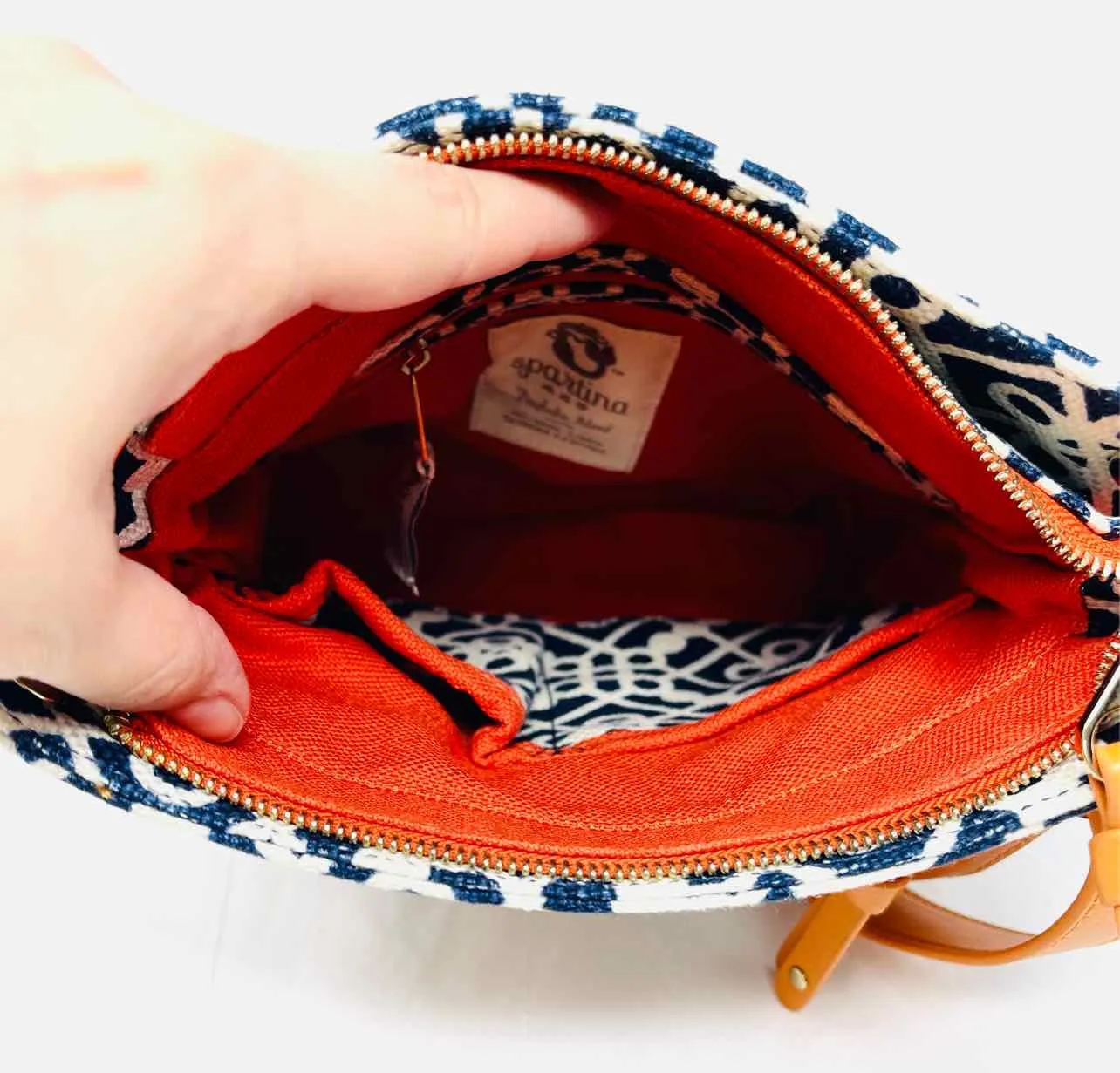 Spartina 449 Orange/Navy Print Buckles Designer Crossbody Purse