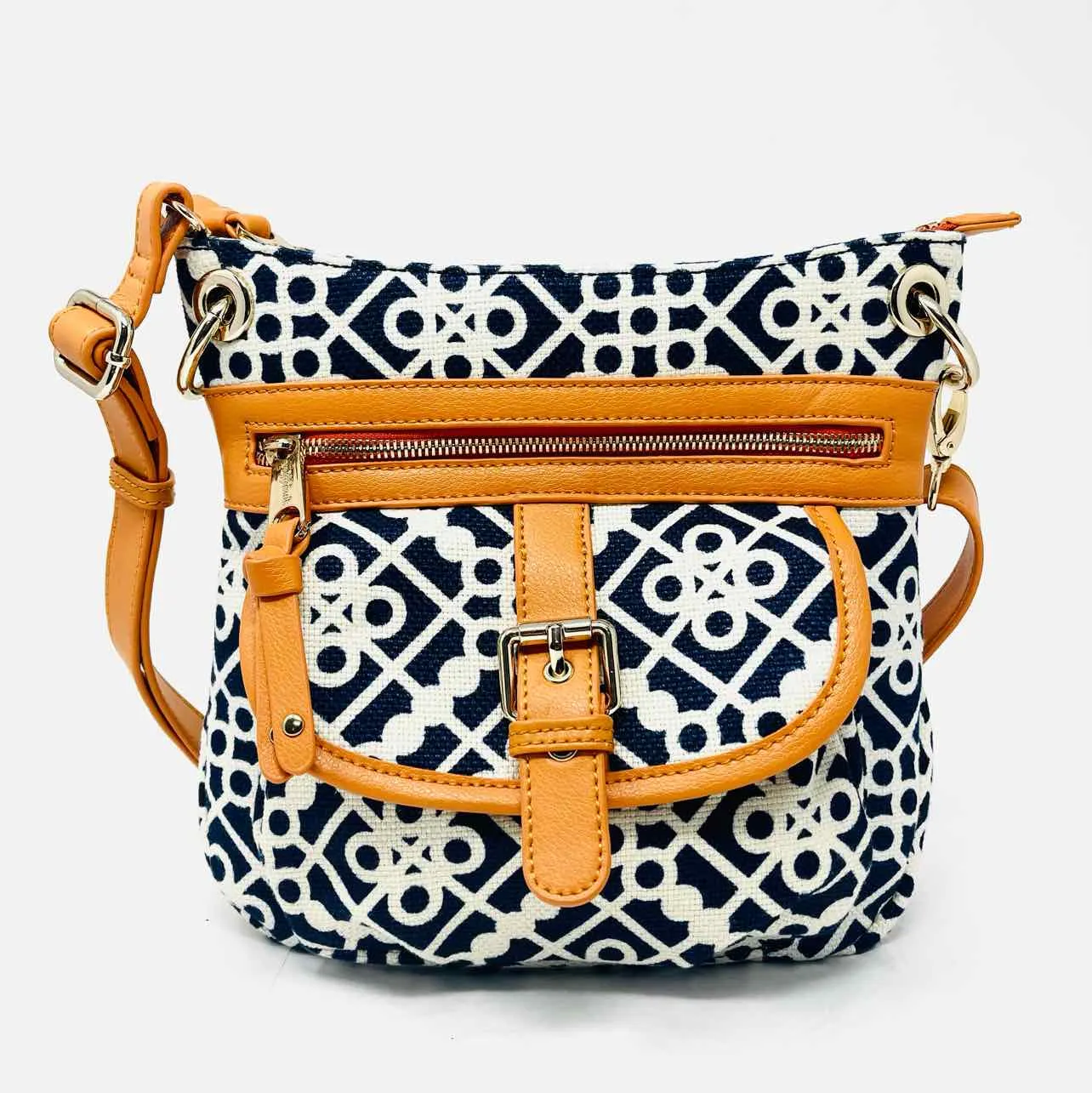 Spartina 449 Orange/Navy Print Buckles Designer Crossbody Purse