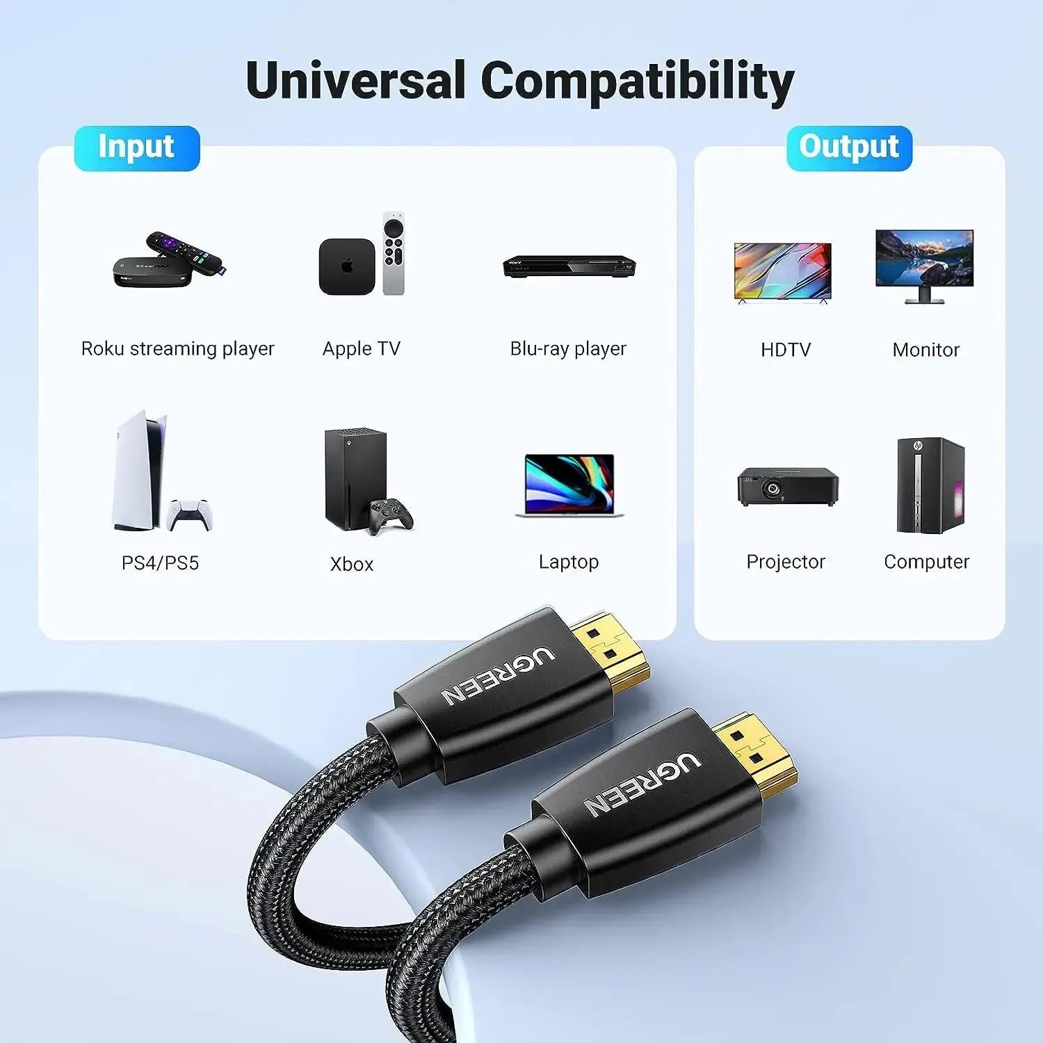 UGREEN 1m 4K@60Hz Braided HDMI 2.0 Male To Male Round Cable 18Gbps With Ethernet Compatible with UHD TV Monitor Computer Xbox 360 PS5 PS4 Blu-ray and More - Gold (40408)