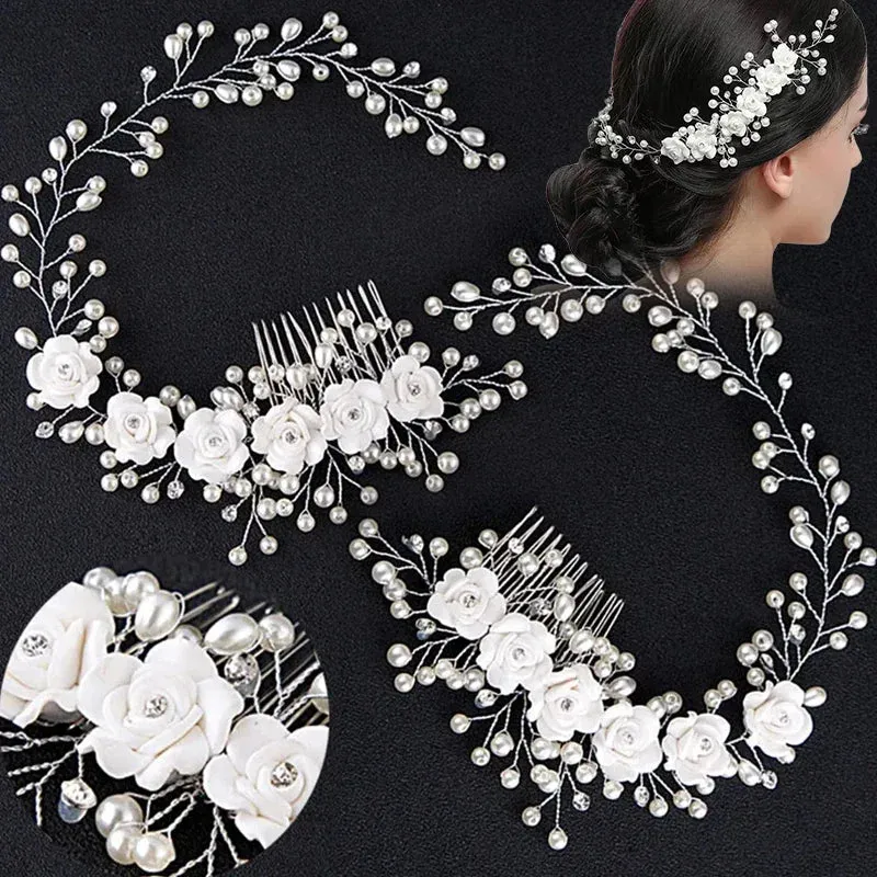 Women Headbands Flower Rhinestone Pearl Hairbands Floral Tiaras Headpiece Hairpins Wedding Hair Accessories Bridal Hair Jewelry