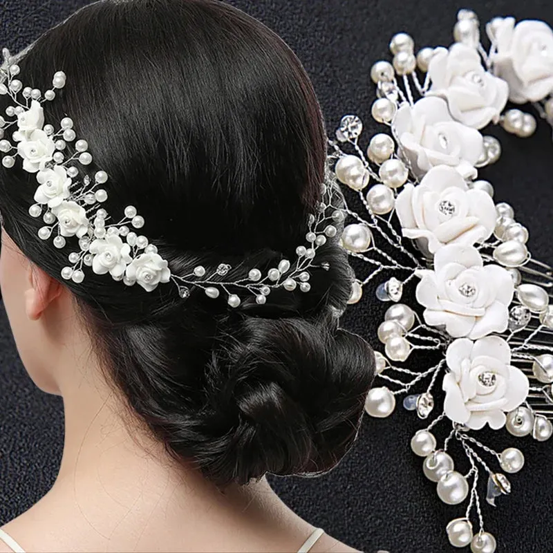 Women Headbands Flower Rhinestone Pearl Hairbands Floral Tiaras Headpiece Hairpins Wedding Hair Accessories Bridal Hair Jewelry